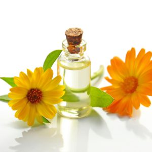A glass bottle of aromatic oil with chamomile flowers on a white background.